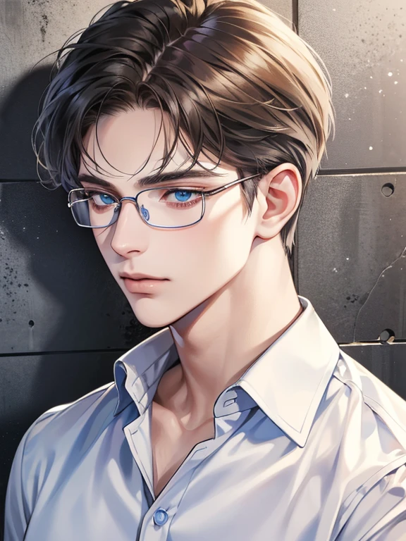 masterpiece, best quality, 1male, brunette hair, blue eyes, glasses, white shirt, mugshot, wall background, detailed eyes, detailed facial features, realistic and high resolution (best quality, 4k, 8k, highres, masterpiece:1.2)