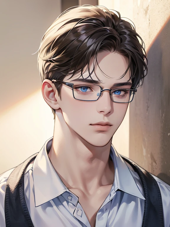 masterpiece, best quality, 1male, brunette hair, blue eyes, glasses, white shirt, mugshot, wall background, detailed eyes, detailed facial features, realistic and high resolution (best quality, 4k, 8k, highres, masterpiece:1.2)
