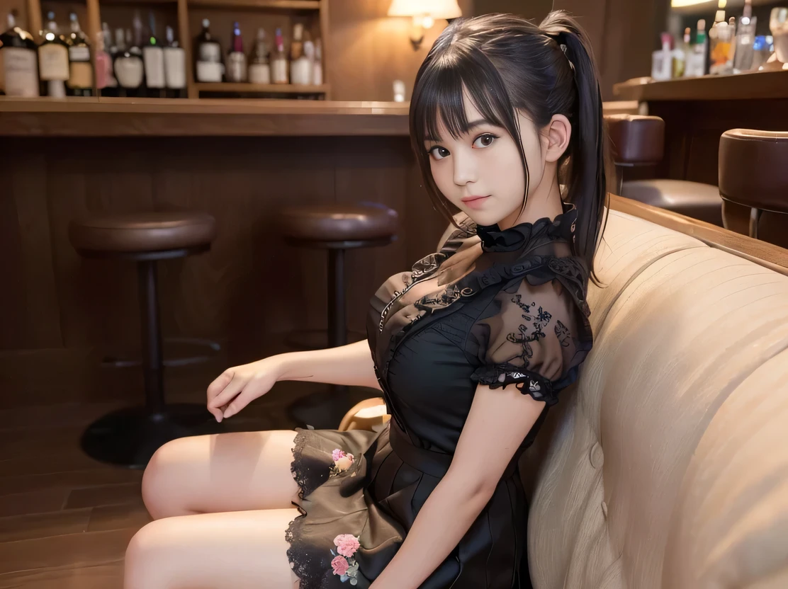 (Highest quality, masterpiece, Ultra-high resolution, 8K, RAW Photos, Realistic, Anatomically correct:1.5), 20-year-old girl:1.2, Embarrassing, avert your eyes, blush:1.0, View Viewer, ((Bar Lounge)) 、Night view、 Light:1.2, Bokeh, Cinema Lighting:1.0, Depth of written boundary, sharp、 Cute face、Idol、Black short sleeve lace top、Black pleated skirt、Black clothing、”dwarf”、(Floral clothes)、(Full Body Shot)、Side angle、Cowboy Shot、 smile、(Ultra short hair、Short ponytail)、(Straight bangs)、((See-through))、(( One Girl))、Large Breasts、Sit on the sofa、