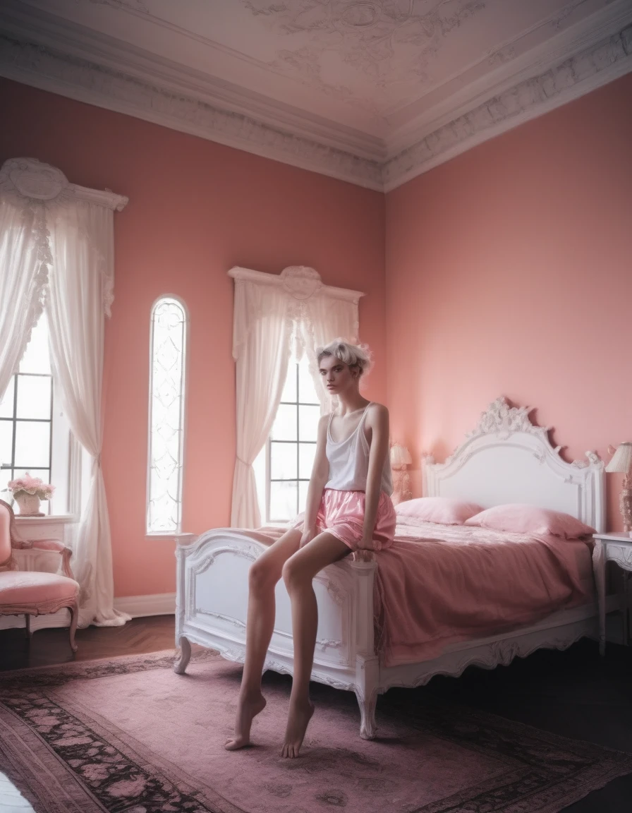 young demon girl with black horns and white wings, (pitch black eyes:1.2),  relaxing near window, (wearing white tank top and pink bubble shorts:1.2), in  bedroom with evil seductive vibe , ( black gradient arms and legs:1.2) , white hair , well lit  , very skinny,     a realistic baroque bedroom, white canopy over bed, white drapes, damask patterns, intricate details,    in the style of Vittorio Matteo Corcos