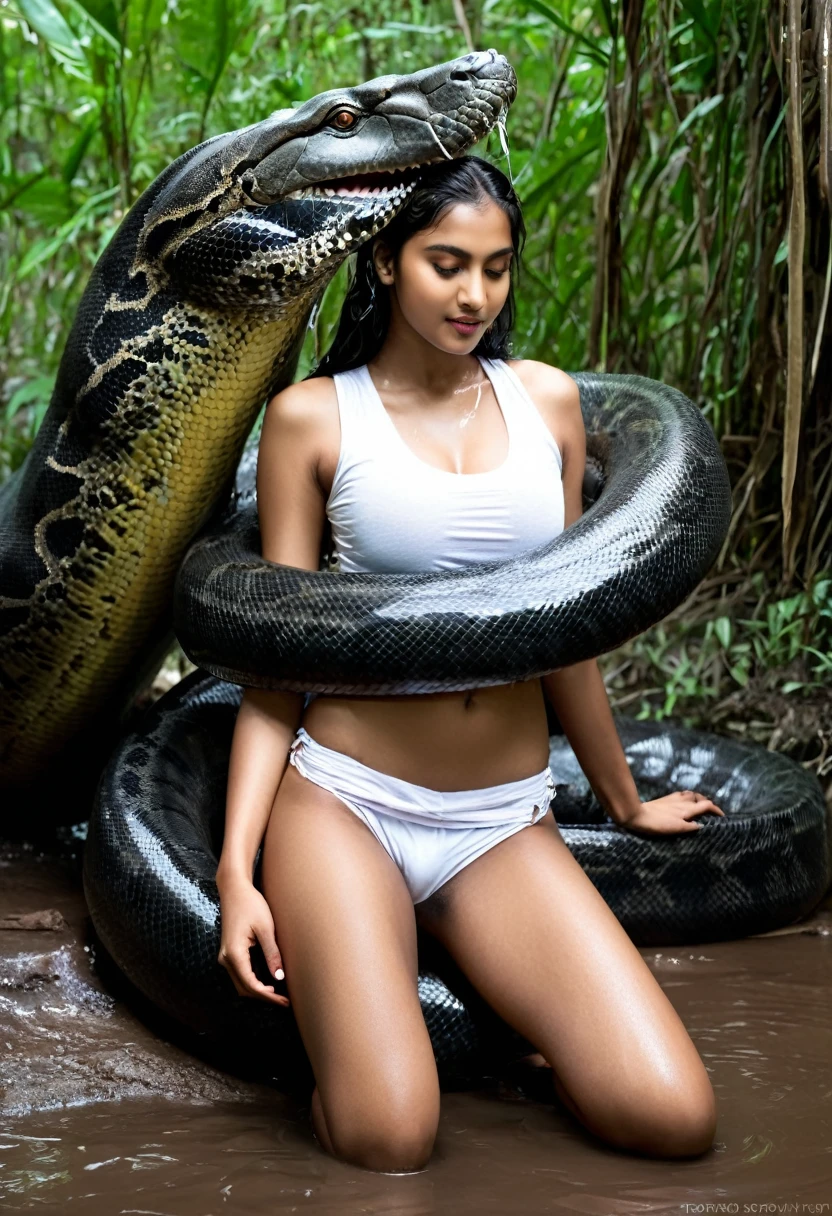 Top quality, masterpiece, super high resolution, real photo, raw photo, cute, beautiful indian young girl, happy expression, joy, glossy skin, dramatic lighting, full body, full body wet, dirty white tank top, sheer with thin fabric, white shirt dirty with mud, beautiful breasts, beautiful ass, butt sticking out, creepy, in the dark jungle, waterside, black large titanboa , slim, long limbs, slimy, slim Sleeping on large titanboa a large giant black titanboa wrapped around her neck, a large titanboa wrapped around her body, a titanboa’s head from between her crotches, a titanboa and a titan’s intertwining their tongues and kissing, a girl hugging giant titanbo a girl and a large titanboa staring at each other Many large anacondas horny aroused tentacle sex large object penetration nsfw snake tongue kissing blowjob bestiality