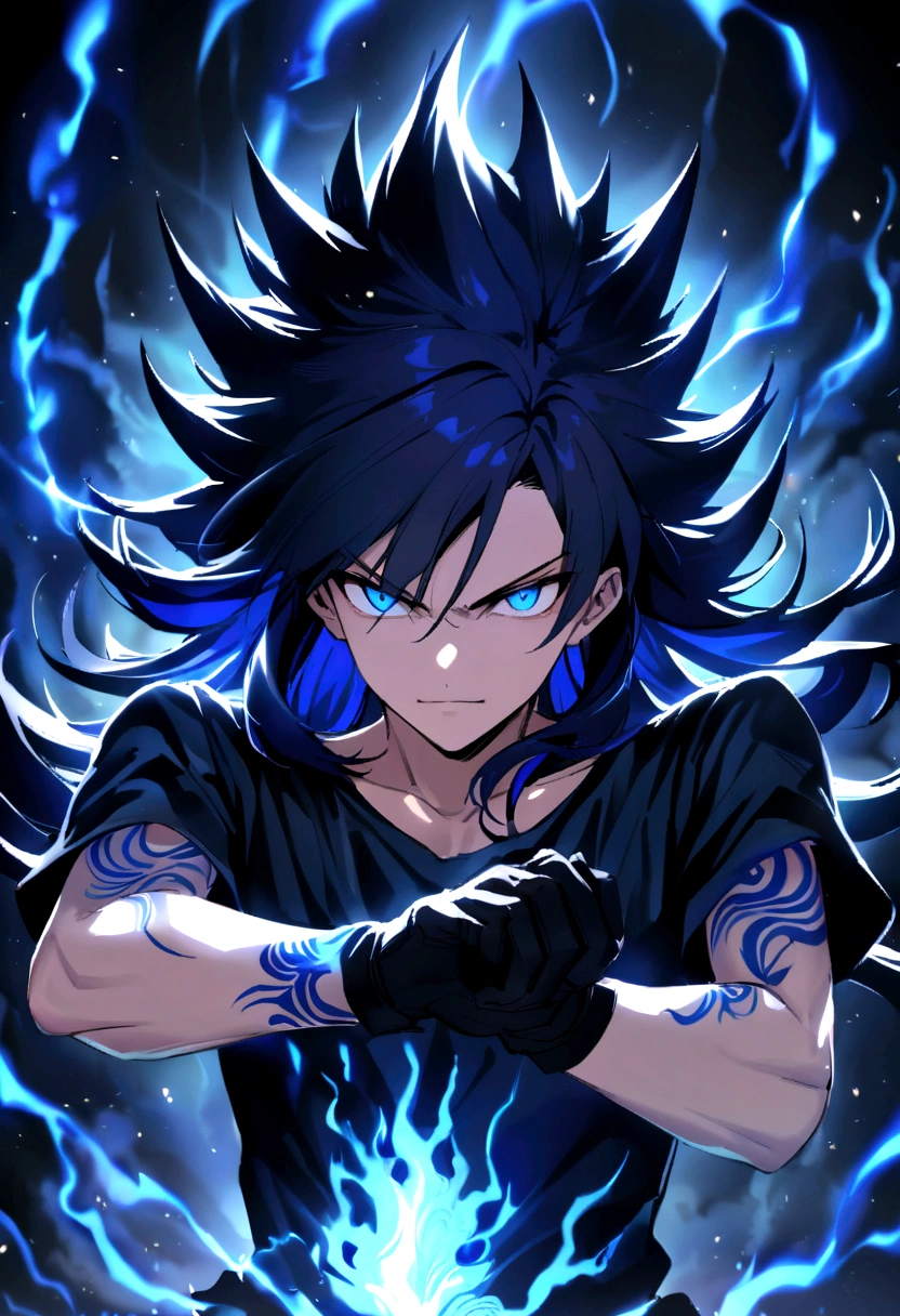 Teenage boy, spiky hair, long hair, shiny dark blue hair, serious face, Simple smile, bright dark blue eyes black loose ripped short sleeve shirt, black gloves, blue tattoos on the body, intense blue electric aura