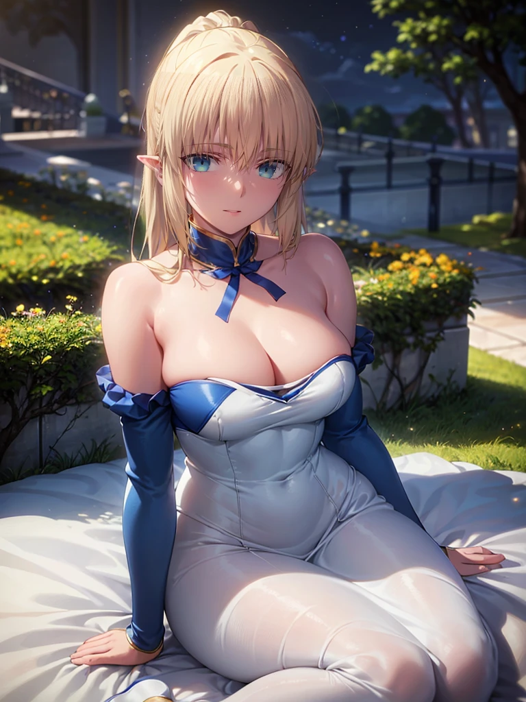 (masterpiece:1.2), (best quality:1.2),, Curvy but slender figure, Perfect eyes, Perfect face, Perfect lighting, 1 mature women standing In the garden,(whole body照),(Ponytail),(カメラアングルwhole body),curls, Beautifully dressed, Detailed outdoor background, compensate, Eyeshadow, Thick eyelashes, fantasy, Looking at the audience, whole body、Blue sky、Bright and beautiful face、Young, shiny and fair skin、best beauty、The most beautiful blonde hair in the world、Thinning hair、long hair、Shiny and beautiful bangs、Shining blue eyes、Very beautiful and cute 20 years old, The most beautiful girl in the world、blue skirt,Shy expression, white sleveless strapless dress, cleavage, big breast, mouth closed, pointy ears, athletic body, beautiful eyes.