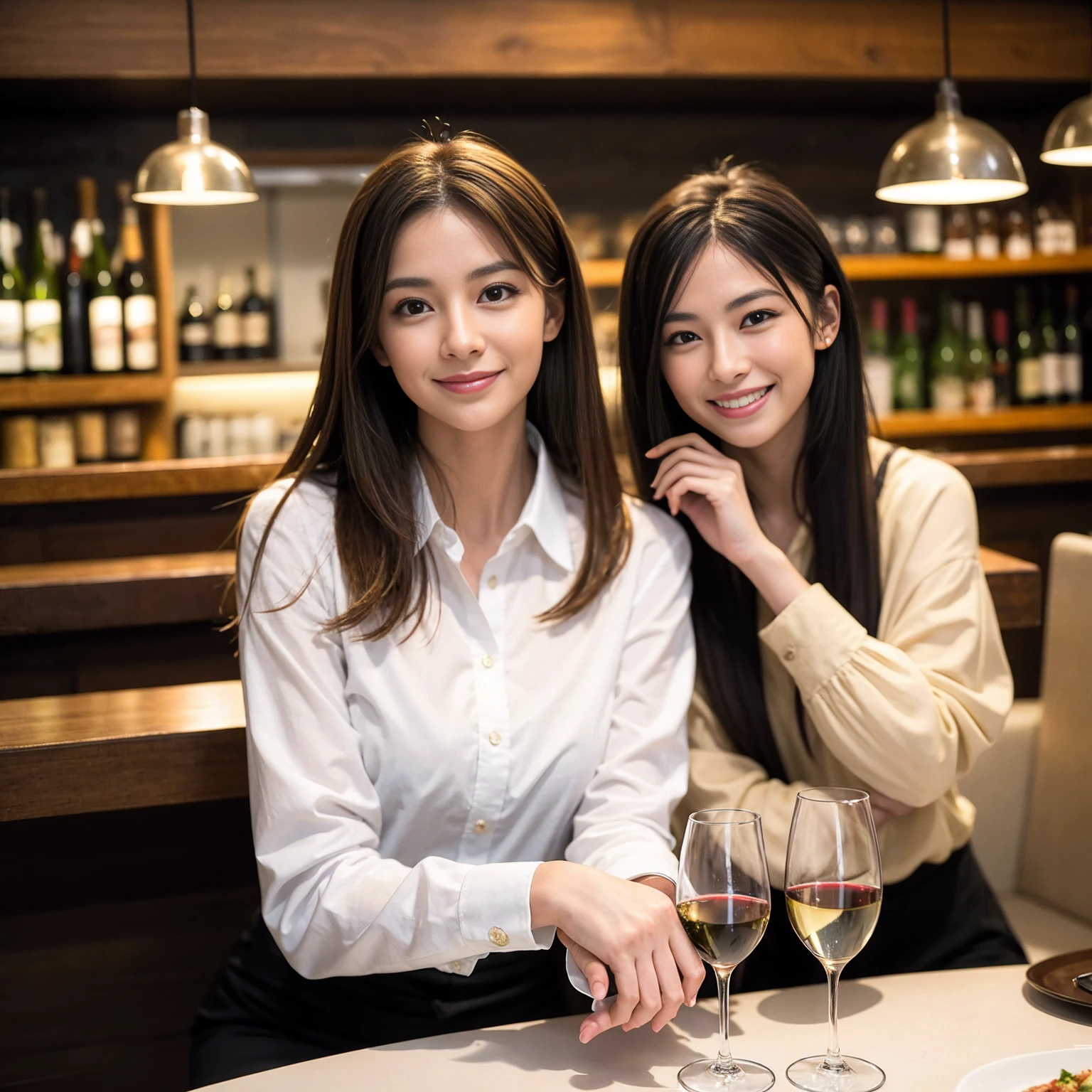 ((Highest quality、、masterpiece:1.3))、1 male 1 female、、Beautiful couple、Japanese couple、smile、 (Slim face), (the body is スリム), (Brown Hair), (Shortcuts), ((Bob Hale、Straight hair:1.2)), テーブルの上のフルコースディナーwine glass、Please shine a light on my face、 Amazing view of the sunset sky and clouds、smileの美しさ、Bright imYear、Blushing, Shortcuts,Bright Face、 Year), 39 Year, red wine 、Appetizers、Italian food、Wine bottle、Champagne、sparkling wine、Long sleeve shirt、dress、Attractive beauty、restaurant, Nova Frog Style, actress, model, Upper Body, White wine, red wine, wine glass,