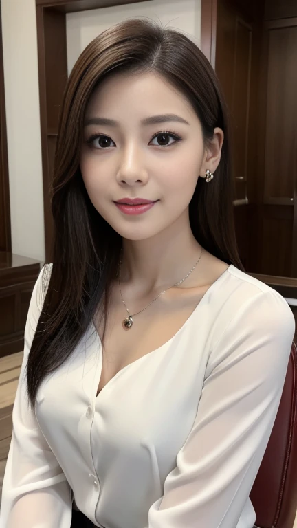 Close-up, sitting on a chair, Gorgeous Young Korean Woman, 1 girl 35 yeas old, ( short hair, brown hair, fringe, single eyelid, Thin outer eyebrows, Small eyes、Eyes are small compared to the face, Narrow face, Tears, red lip, little smile), (metal earring, metal neckless, black eyeglass),( Chest visible, middle breasts, middle hip, public hair) (white blouse,White clothes are very transparent )1 mulher adulta, cabelo comprido, cabelo cacheado, cabelo cor preto, pele suave, olhos castanhos, sorrir, vegetation, Occasional, Businesswoman style clothes, blaser marrom claro, realista, com fundo em um restaurante chique, 8k super realista, super detalhado e realista
