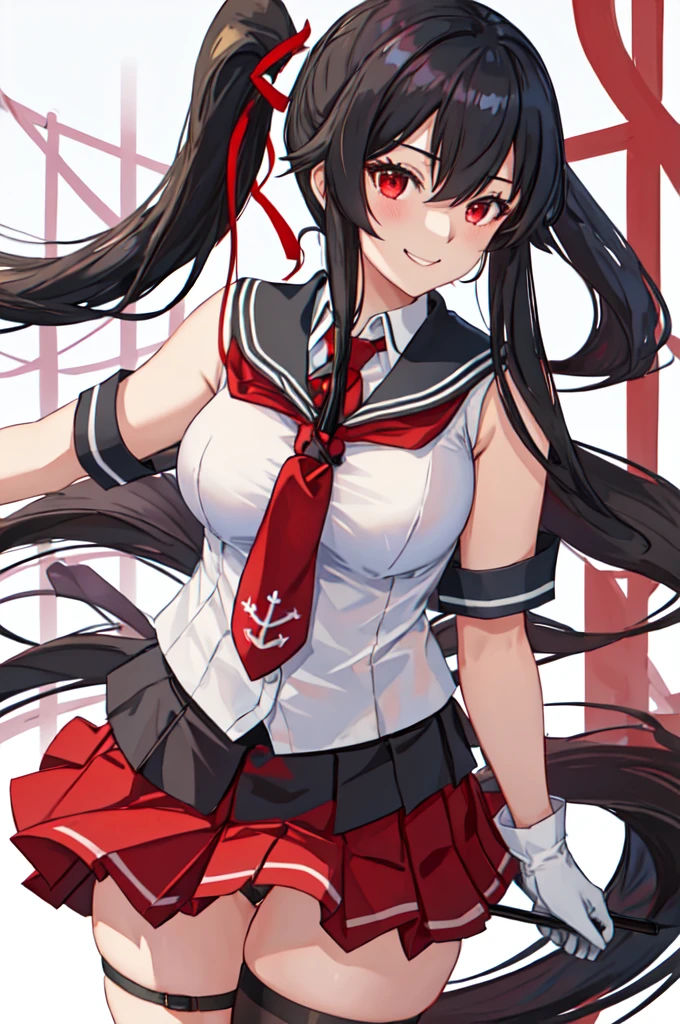 best quality, masterpiece, highres, solo, {yahagi_kantaicollection:1.15}, long_hair, black_hair, ponytail, red_eyes, sidelocks, breasts, hair_between_eyes, large_breasts, 1girl, anchor_symbol, gloves, looking_at_viewer, pleated_skirt, red_skirt, sailor_collar, school_uniform, serafuku, shirt, skirt, sleeveless, sleeveless_shirt, smile, white_gloves, black_sailor_collar, necktie