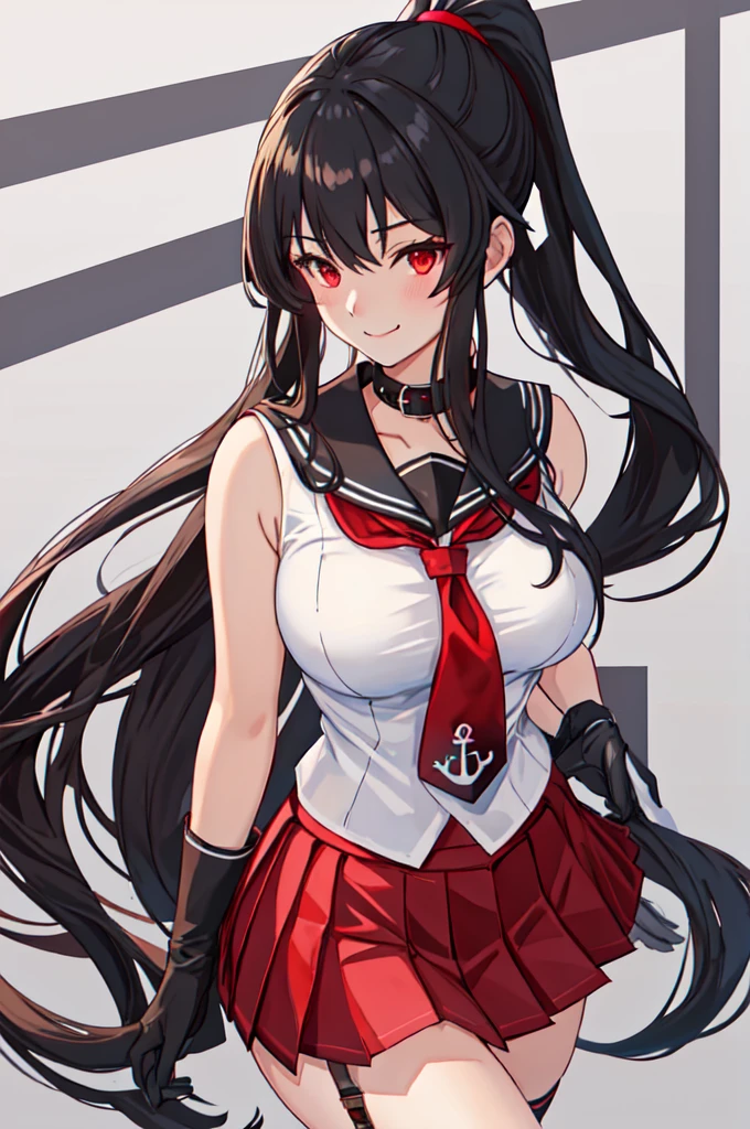 best quality, masterpiece, highres, solo, {yahagi_kantaicollection:1.15}, long_hair, black_hair, ponytail, red_eyes, sidelocks, breasts, hair_between_eyes, large_breasts, 1girl, anchor_symbol, gloves, looking_at_viewer, pleated_skirt, red_skirt, sailor_collar, school_uniform, serafuku, shirt, skirt, sleeveless, sleeveless_shirt, smile, white_gloves, black_sailor_collar, necktie