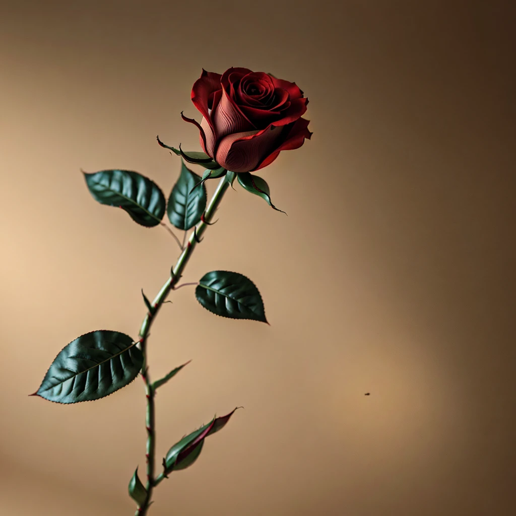 masterpiece, maximum resolution, photorealistic image of a red rose, perfect proportions, on a stem with leaves, maximum petal detail, Leaves, stem, needles. On a blurred beige background