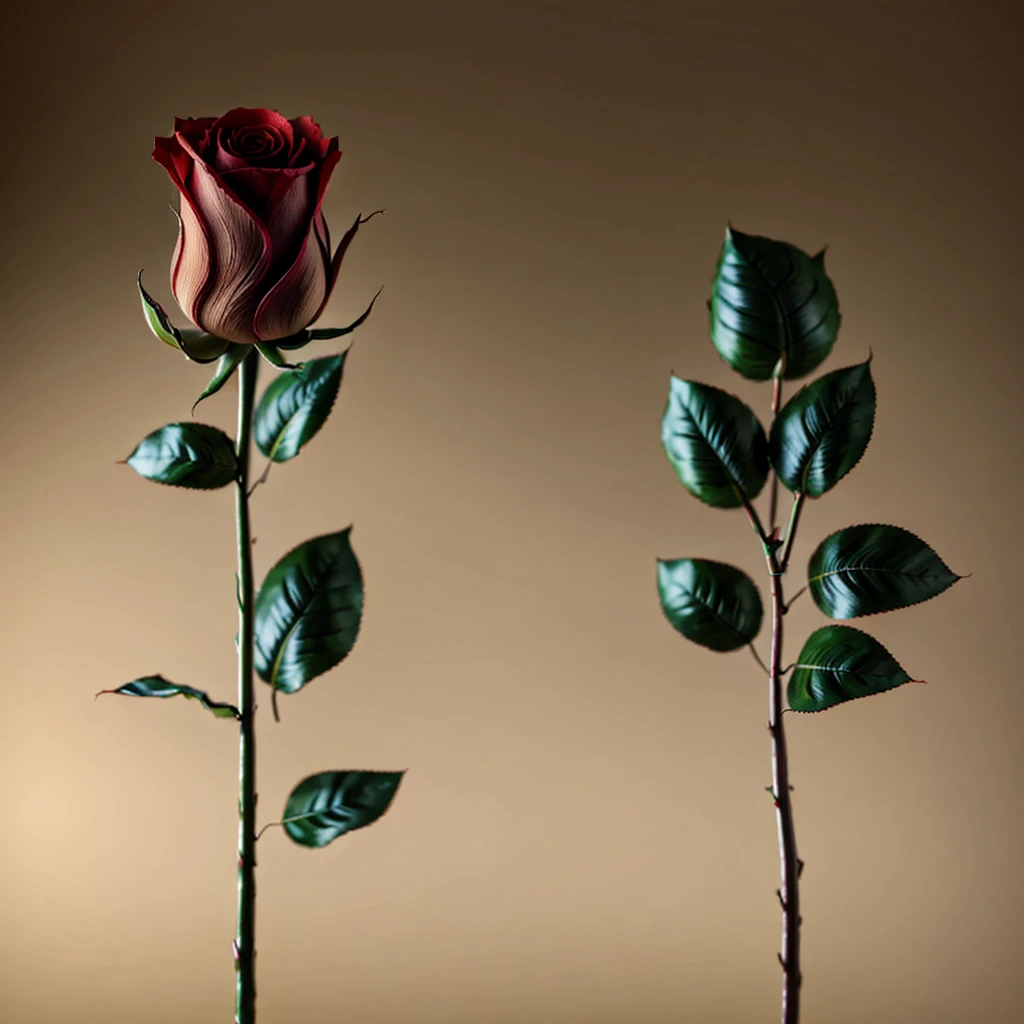 masterpiece, maximum resolution, photorealistic image of a red rose, perfect proportions, on a stem with leaves, maximum petal detail, Leaves, stem, needles. On a blurred beige background