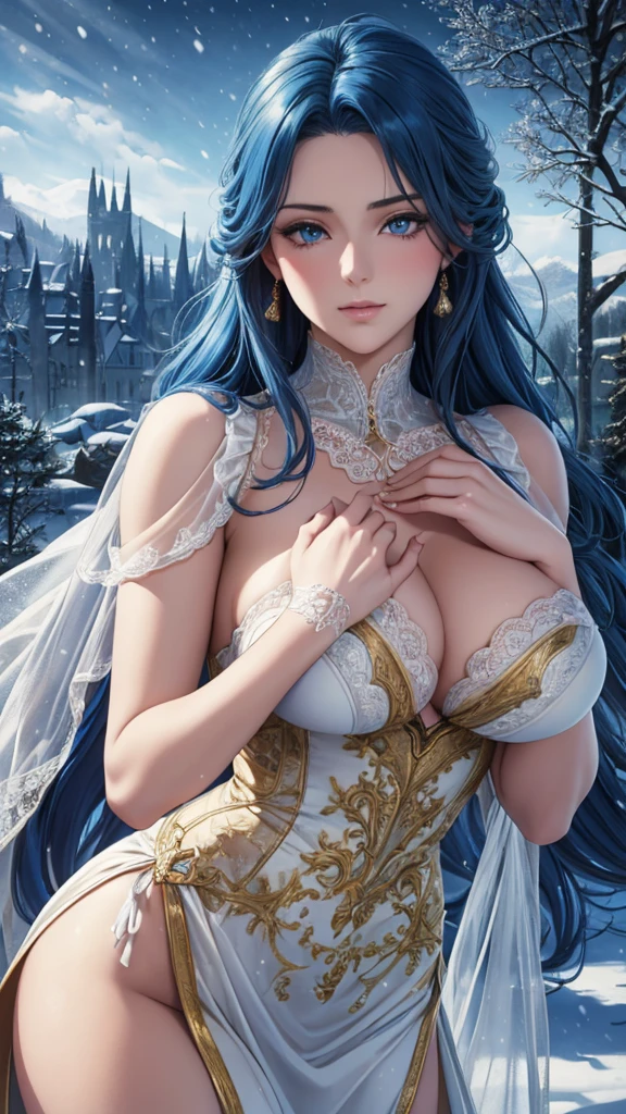 blue eyes, (highest quality, masterpiece painting:1.3), mature woman, 20 years old, (half body shot), masterpiece, ultra high resolution, (Photoreal:1.0), blue hair, beautiful shining hair, white and shining skin, ((Ultra realistic details)), octane rendering, highly detailed face, (big breasts:0.8), ((Heart with both hands:1.2)), She wears stunning costumes inspired by Belle Époque style, flowing gold dress decorated with lace and ribbons, (clothing: gold belle époque dress with lace and ribbons),cleavage perfect body, soft skin, anime face, perfect face, perfect eyes, looking at the viewer, smart, snow scene, ((snow falling)), ((fantastic night)), ((outdoors)), sharp focus, intricate details, professional artwork, (bright colors:1.1), bright colors, diffused lighting, digital blending, ultra-definition body, ultra detail hair, super detailed face, that'It's trending on pixiv, top button open, Cute gaze, compensate, perfect lips, perfect compensate, Ultra-precision coating, (light_smile:1.0), (Very embarrassed:0.8),