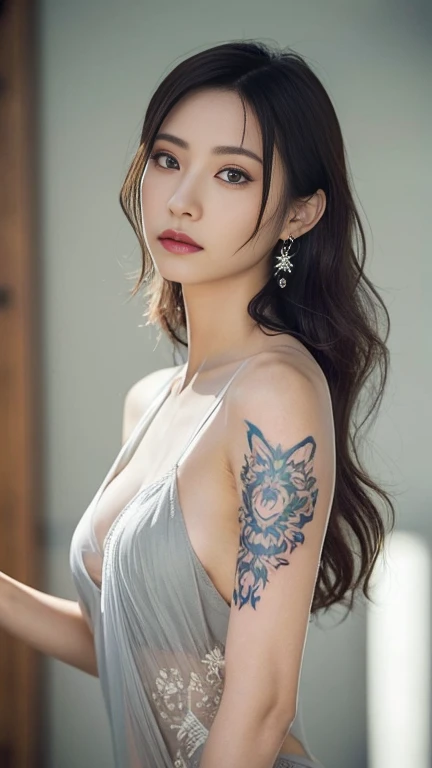 8K Ultra HD, Digital SLR,Film Grain, Fujifilm XT3,(Highest quality:1.3), (masterpiece:1.1), High resolution, Cinematic Light, Intricate details, (Realistic) (Night view) Realistic backlight、Dramatic reddish light、Beautiful Japanese Geisha full body photo, ((Facial texture Pore details)), Grin、Devilish smile, Simple messy hairstyle, She wears a black satin kimono decorated with traditional dragon motifs.., Open shoulders, Colorful dragon tattoos all over the body, Has a long blade, Long-bladed Japan sword in hand,Inside a traditional villa, 8K, Front blur