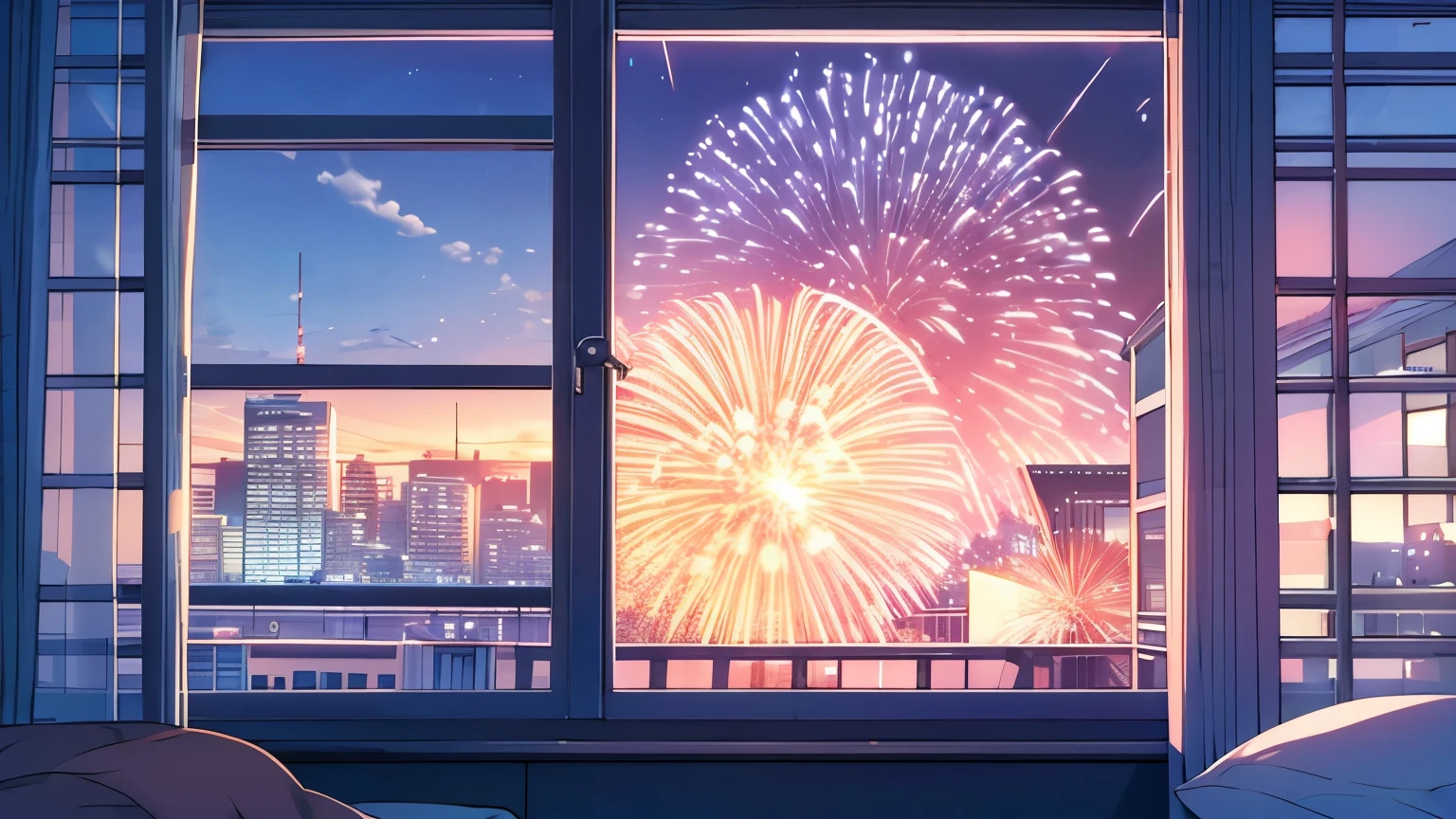 I can see the fireworks from the window in my room.