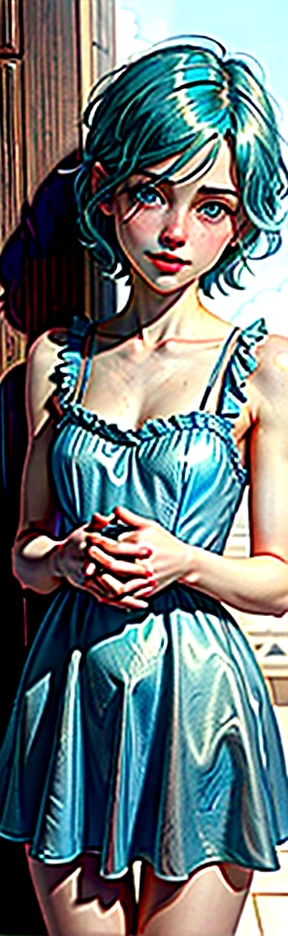 ((best quality)), ((masterpiece)), (detailed), femboy, blue aqua hair, blue eyes,short hair,( flat chest), thin body, big butt, cute face,blush on face, smile face, frilled dress, short dress, red color dress, sexy pose, hot pose, globe background