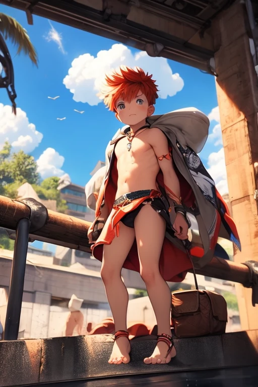 1 boy, loincloth,flaming red hair, 