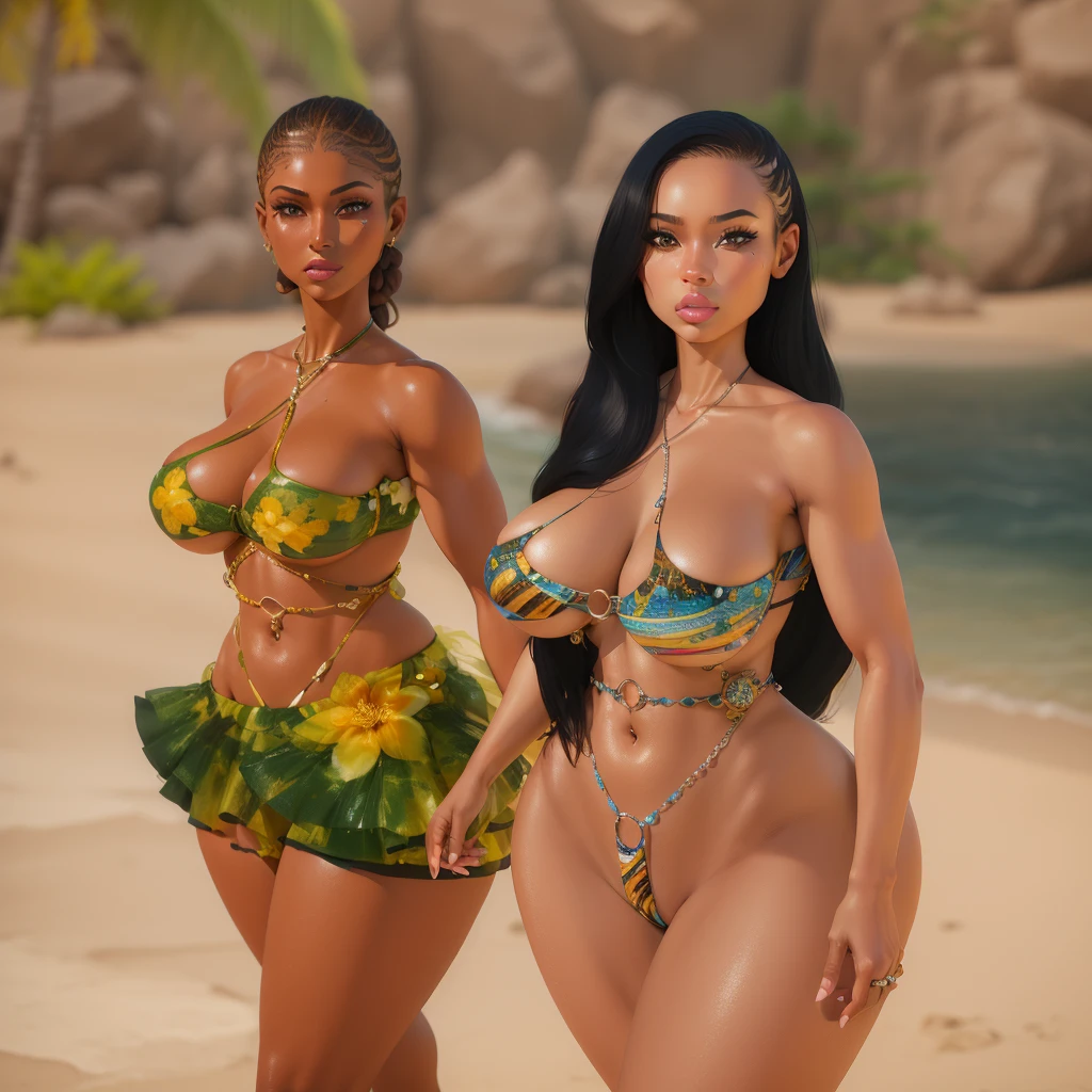 (masterpiece), (best quality), (ultra-detailed), ((masterpiece)) ((best quality)) ((ultra-detailed)) there are two women in bikinis walking on the beach, ( ( dark skin ) ), imvu, epic 3 d oshun, second life avatar, latina skin, tan skin), tanny skin, ( brown skin ), ( ( brown skin ) ), realistic bikini, near the beach, orisha, ethereal vaporous tan skin
