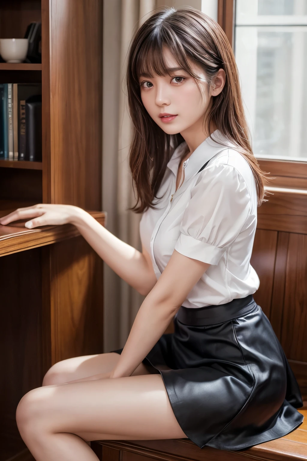 ((Best image quality、8K、masterpiece:1.3))、Realistic high-quality photos、Highest quality、Beautiful and graceful face and eyes、Hands on your back、Uniform eyes、Black Hair、Shiny Hair、 OL、Wearing a short-sleeved blouse、Wear a long skirt、Full Body Shot. Sitting、(((White panties can be seen between her skirt and legs)))、Medium build、Anatomically correct body、