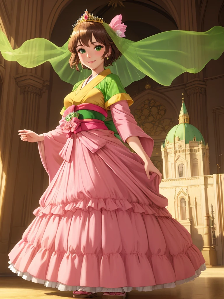 masterpiece, best quality:1.2), 1girl, smile, looking at viewer, green eyes, short brown hair, princess, princess dress, wearing puffy pink ballgown reaching the floor, green kimono, golden tiara with veil, standing in ballroom of medieval castle