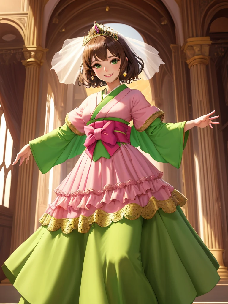 masterpiece, best quality:1.2), 1girl, smile, looking at viewer, green eyes, short brown hair, princess, princess dress, wearing puffy pink ballgown reaching the floor, green kimono, golden tiara with veil, standing in ballroom of medieval castle