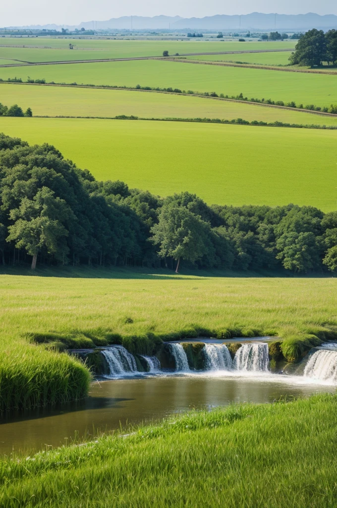 Grass and trees are blowing in the strong wind on the vast grassland。A meadow with a stream、Nobody is here、There is no one、Landscape painting、No person required、No building required、Only trees and grass are needed