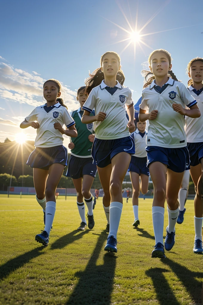 A group of school children wearing  running on field in borad daylight and the bright sun visible in the sky