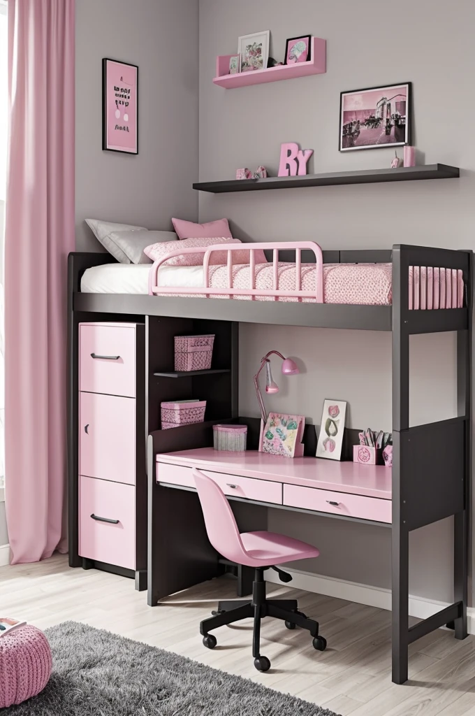 A small youth room with gray and pink colors and black furniture, that has a bed, desk, Dresser, and an electric piano
