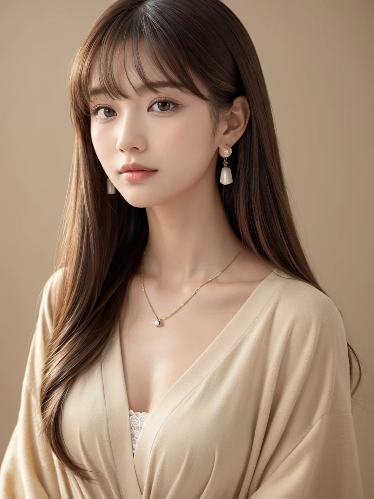 ((Highest quality, 8K, masterpiece:1.3)), concentrate: 1.2, Perfect body beauty: 1.4, Hips: 1.2, ((Long Hair, chest: 1.2)), (Dry clothes: 1.1) , (clear, Simple Background:1.3), Simple clothes: 1.1, Highly detailed face and skin texture,Delicate eyes, double eyelid, Whitened skin, Rough skin、Long Hair、Earrings with bangs、necklace、 solo、Beige coat、White shirt, (((Beautiful girl with cute Japan)))、 ((Beautiful Japanese girl 20 years old))、 ((Baby Face))、 (((Slender body)))、 Upper Body,Face focus、necklace,Simple Background,From above, Realistic Hair、 A photograph was taken:Canon EOS R6、135mm、1/1250 seconds、f2.8、ISO400、(Detailed explanation of the hand)、(Masseter muscle area)、(Exquisite CG)、Long Hair, loose and curly hair、Korean Hair、Long Hair明るいベージュ色、グラデーションハイライトグレージュのゆるふわLong Hairスタイル、
