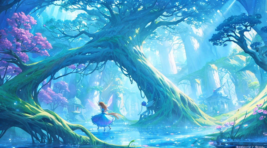 Fairies dancing around a giant tree Emotional watercolor painting so beautiful Ultra high quality Fantasy Blue image