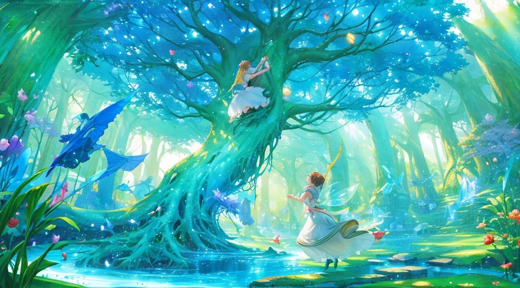 Fairies dancing around a giant tree　Emotional watercolor painting　so beautiful　Ultra high quality　Fantasy　Blue image