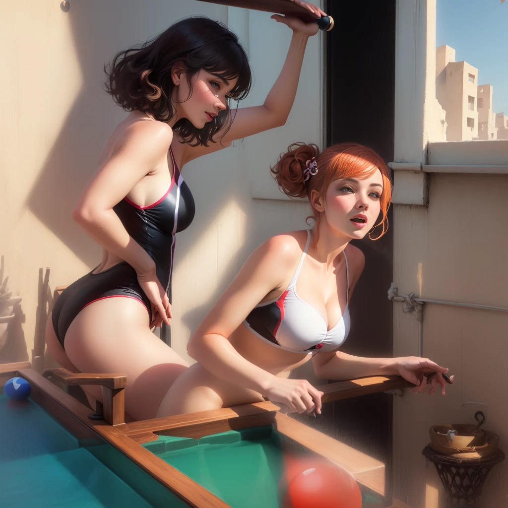two women in bathing suits throwing snooker in a varanda, balcony wall, throwing em mesa de snooker, new, pose 4 de 16, if you're going to a snooker table , holding snooker cue, balcony type area, latina, profile image, profile image, fun pose, porch of home, out, posando, posing next to snooker table, estão throwing partida de snooker, pose 1 de 16, BRAZILIAN, posando!!, throwing, She's nude, ((I want she completely naked!!!)), ((no traces of clothing)), not censure!!!, maximum details, ((master part)), ((Realistic)), (Os detalhes), (photorrealistic:1.5), HDR, Maximum sharpness, 8K BRUT, good lighting, sharp focus, Kathleen, Bowling