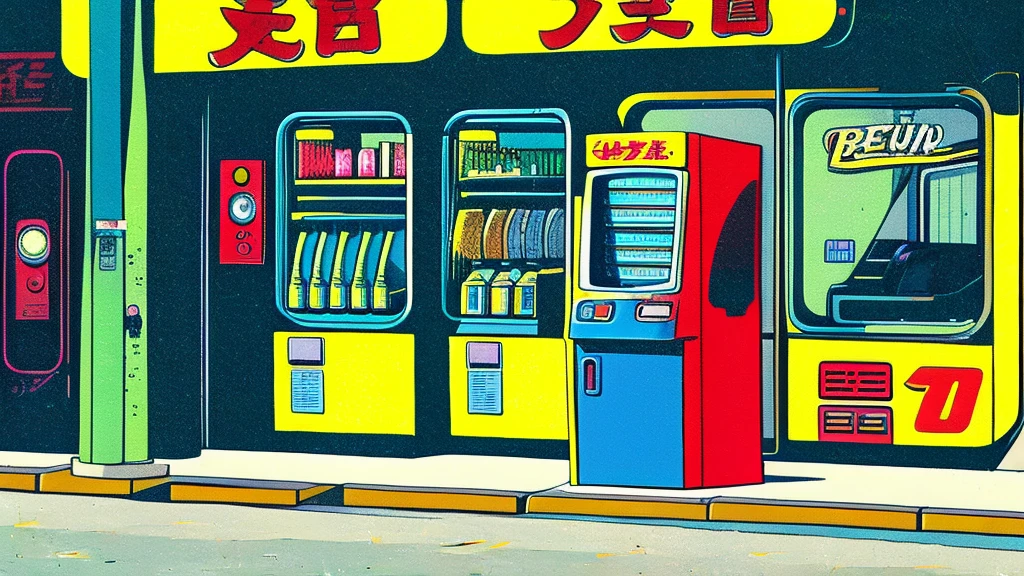 lo-fi style anime illustration, best qualityer, work of art, ultra high resolution, aesthetic lofi illustration of a street soda machine from japan