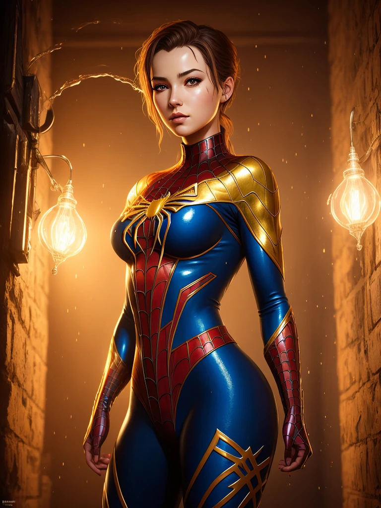 Golden and white, Spiderman, Drip Outfit, heavy rain, Magic, highly detailed, Trending on Art Station, unreal engine 4k yen, Stanley Art by Jarm Lau Movie Wallpaper, Wow, Lost Draw, James Jean, Andrey Ryabovitchev, by Marc Simonetti, Yoshitaka Amano. background by James Jean and gustav klimt, Light by Julie Bell, 4k yen, Porcelain-like skin, Zdysław Bekszynski style, detailed, 8K, Dynamic Lighting, White chromatic aberration, Soaking wet