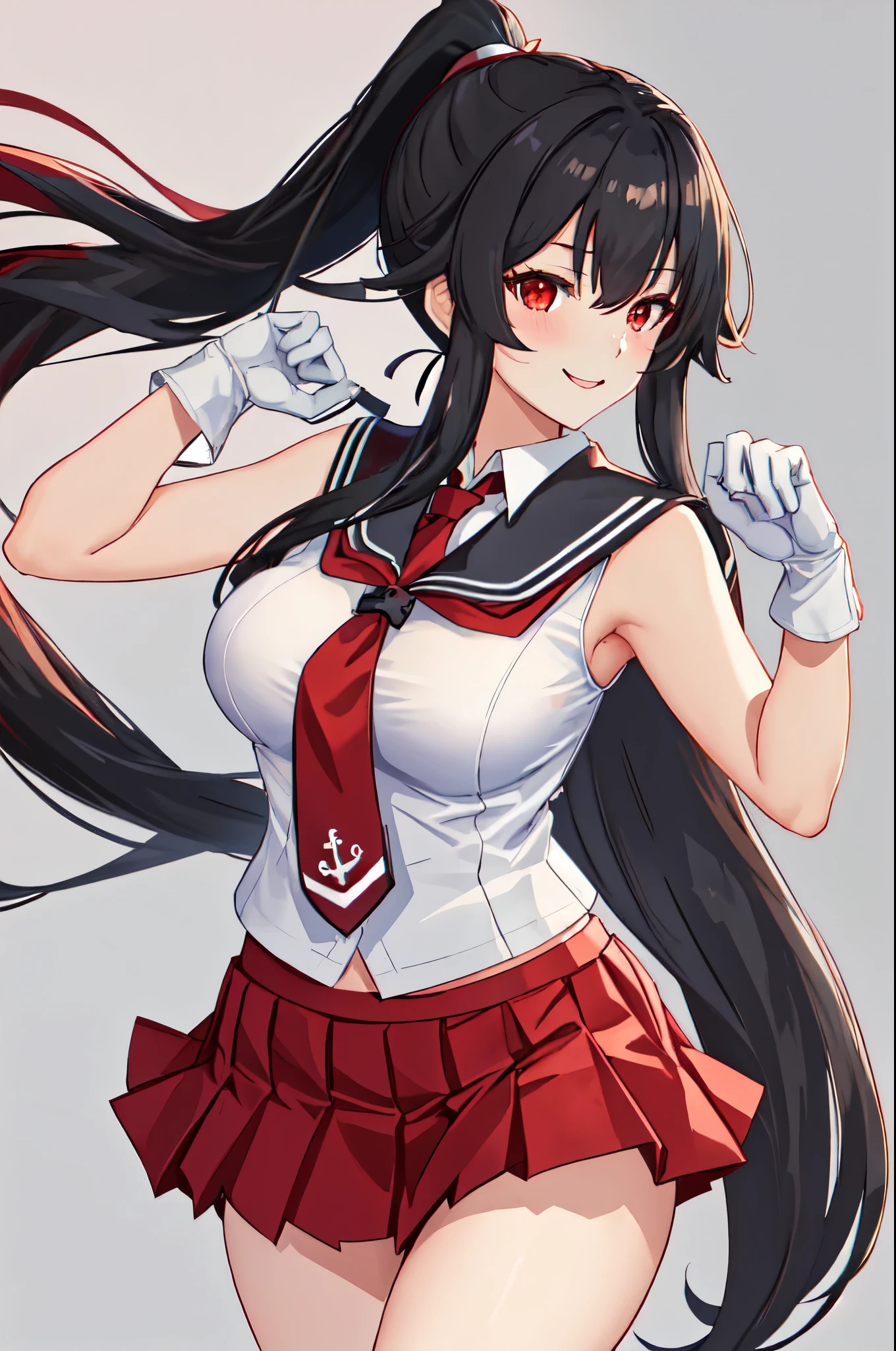 best quality, masterpiece, highres, solo, {yahagi_kantaicollection:1.15}, long_hair, black_hair, ponytail, red_eyes, sidelocks, breasts, hair_between_eyes, large_breasts, 1girl, anchor_symbol, gloves, looking_at_viewer, pleated_skirt, red_skirt, sailor_collar, school_uniform, serafuku, shirt, skirt, sleeveless, sleeveless_shirt, smile, white_gloves, black_sailor_collar, necktie