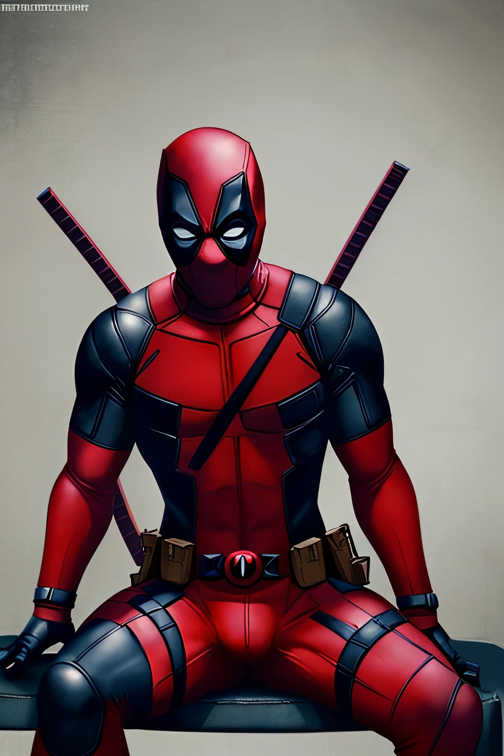 Deadpool wears a full-body red and black tactical suit to hide the cancer scars that cover his entire body,sitting on a bluish flying pony