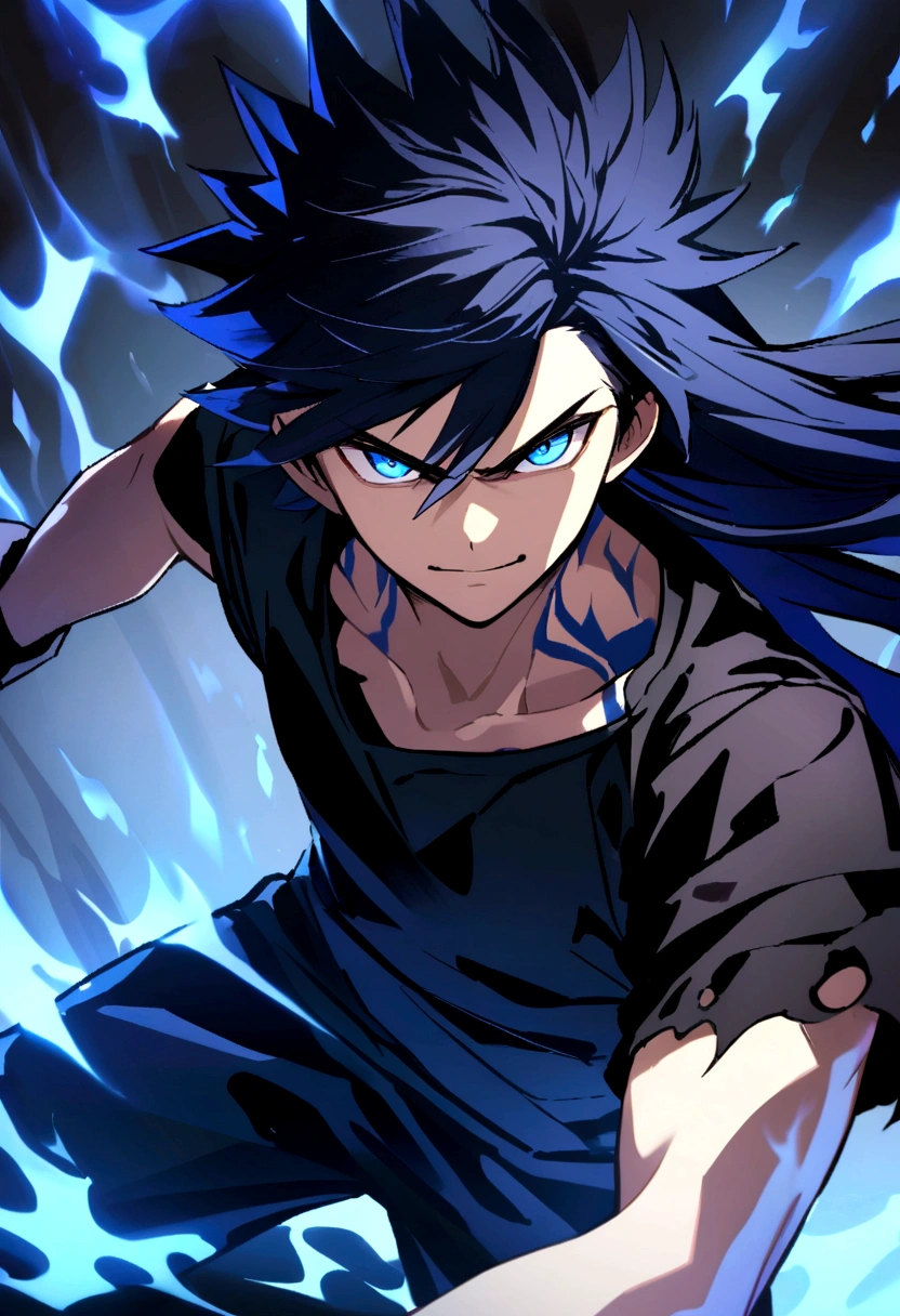 Teenage boy, spiky hair, long hair, shiny dark blue hair, serious face, Simple smile, bright dark blue eyes black loose ripped short sleeve shirt, black gloves, blue tattoos on the body, intense blue electric aura