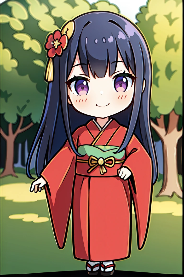 (masterpiece, best quality, highres, 8k:1.3),   1girl, solo, long hair, purple hair, Hair ornament, purple eyes, kimono, standing, chibi, smile,