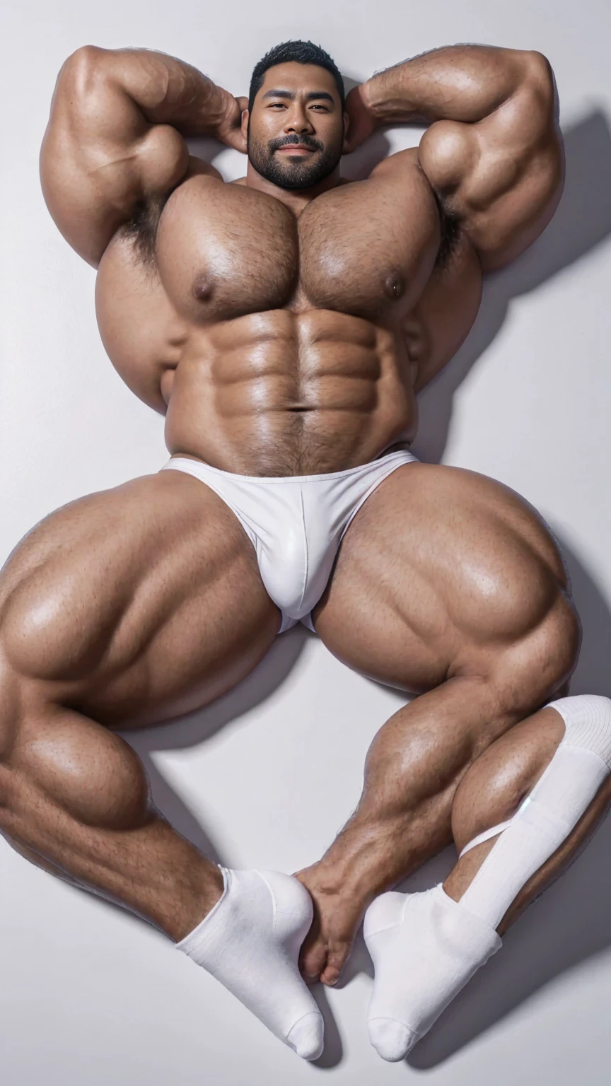 There is only one handsome Asian actor in the photo,35 years old,High target, Fitness,short hair, O-Shaped Beard,Perfect body, Dark skin color,Radiant Skin,Smooth skin,Shiny, shiny skin,Smooth pectoral muscles,No chest hair,No body hair,Muscle bulge, muscular, Very large pectoral muscles,Very sexy abdominal muscles,Very well-developed leg muscles,Huge concave and convex area,Brightens oily skin,Wearing a white leather shiny thong,Handsome face, Correct and accurate male body proportions, Wear white socks,Lying on gray background。