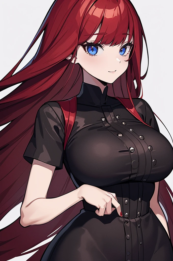 a beautiful girl with long red hair wearing a black dress, extremely detailed facial features, bob hairstyle, full body illustration, woman wearing a long black and red coat, solo character, white background, anime style, highly detailed, photorealistic, 8k, best quality, masterpiece, blue eyes