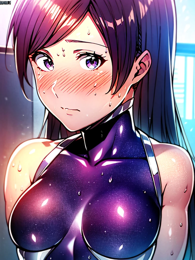 (Highest quality,4K,8K,High resolution,masterpiece:1.2),Super detailed,(Realistic,photoRealistic,photo-Realistic:1.37),beautiful girl,long and straight hair,fit,
Super detailed armpit,Beautifully detailed sweat glands,Smooth skin texture,Carefully drawn,
(Sleeveless purple bodysuit, A shiny silver lining), (Sweaty body:1.2), (Fascinating face:1.2), Dirty face、blush