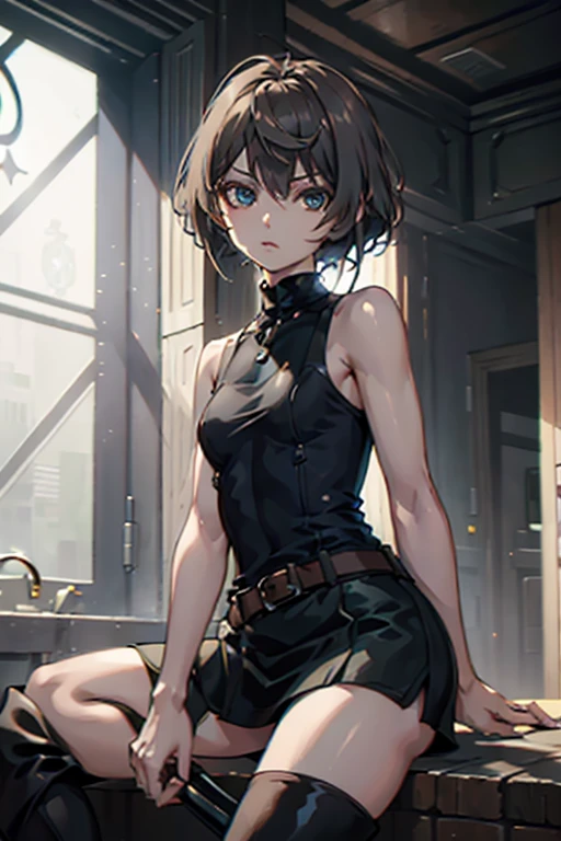 ((upper body portrait)), (masterpiece, best quality), JillValentineRE, 1girl, solo, short hair, brown hair, blue tube top, sleeveless, bare shoulders, miniskirt, black miniskirt, long boots, knee-high boots, beautiful legs, sitting, looking at the viewer
