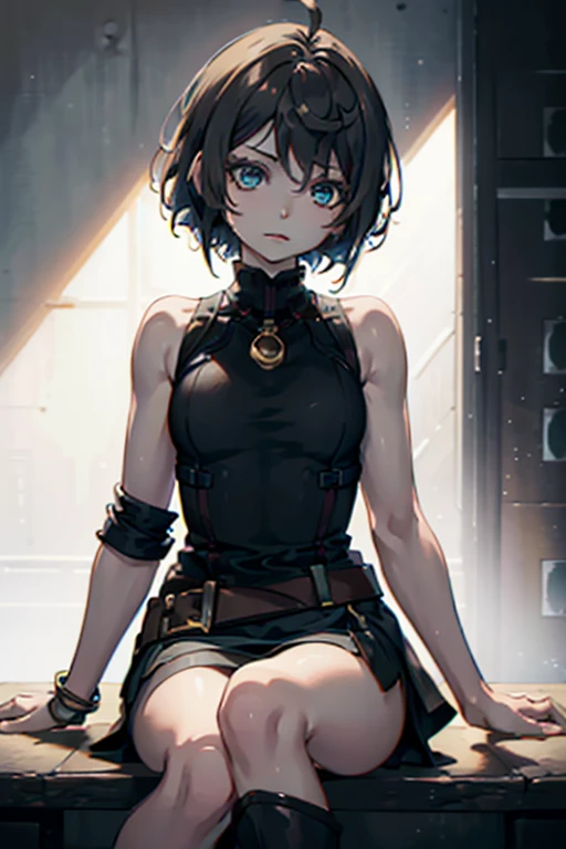 Hurricane Blue、Hurricaneger、Brown Hair、Short Hair、((pantyhose))、Photo from below、Medium chest、Jail、((first round))、((Chains in both hands))、Poop sitting、boots、Embarrassed expression、((My clothes are in tatters))、((Clothes get torn))