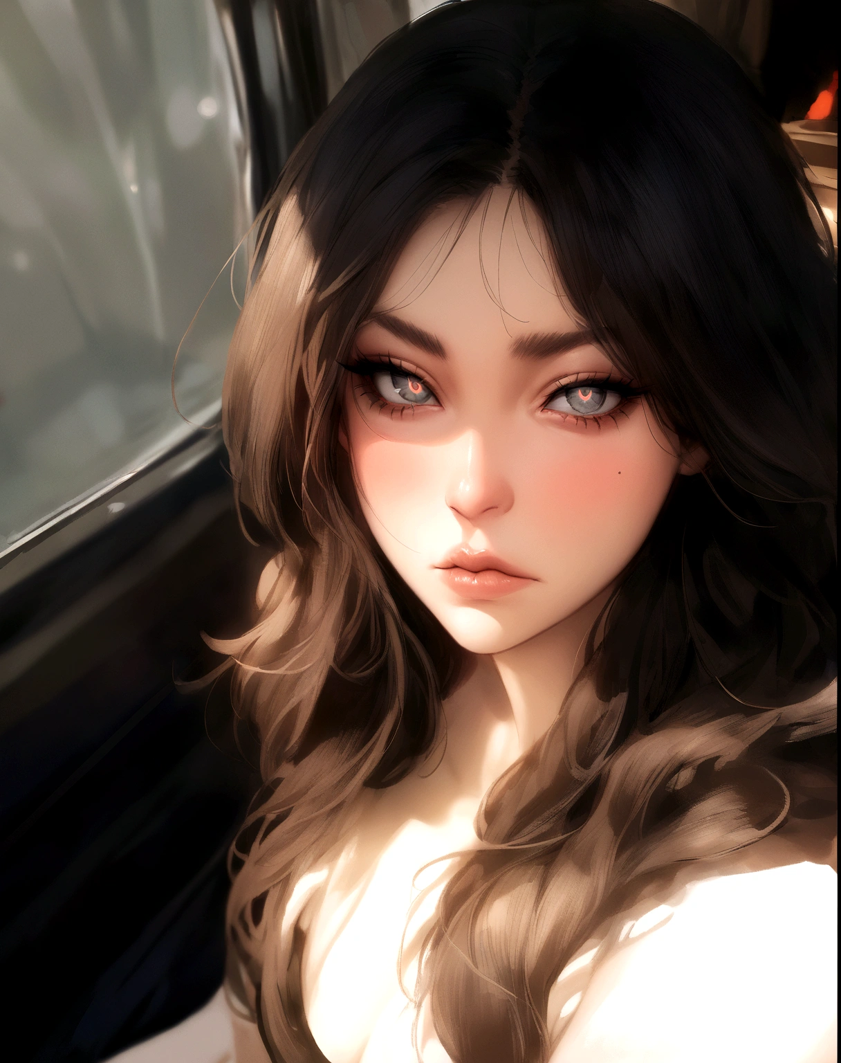 Brunetette, fleshy lips, glare eyes