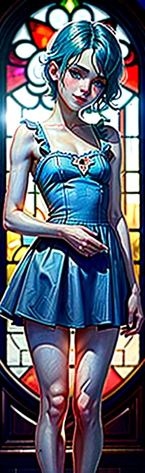 ((best quality)), ((masterpiece)), (detailed), femboy, blue aqua hair, blue eyes,short hair,( flat chest), thin body, big butt, cute face,blush on face, smile face, frilled dress, short dress, red color dress, sexy pose, hot pose, stained glass background
