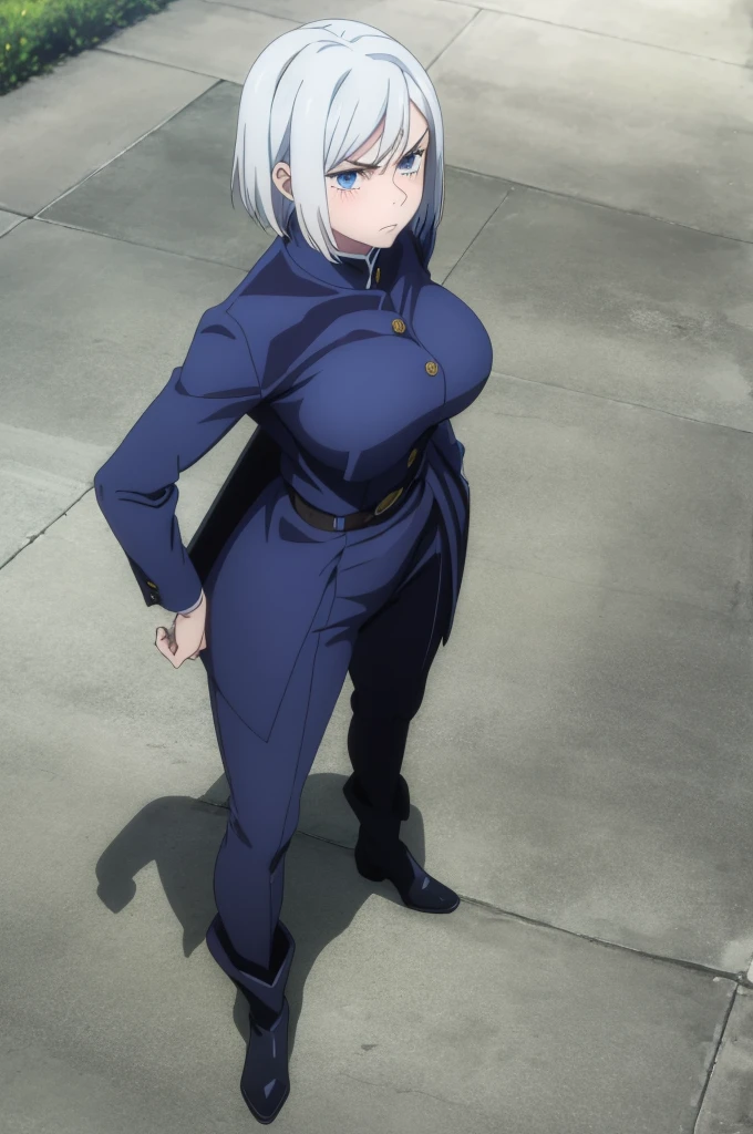 (masterpiece), (best quality), (ultra detailed), (best illustration), (best shadow), (absurdities), nobarakugisakinova, short hair, white hair, ((blue eyes)), kugisaki nobara, , 1girl, solo, jacket, bangs, gakuran, closed mouth, long sleeves, looking at viewer, full body shot, (((big breasts))), ((blushing)), hourglass body, bare waist, thin waist, waist very thin, defined waist hands on hips, angry, front view,