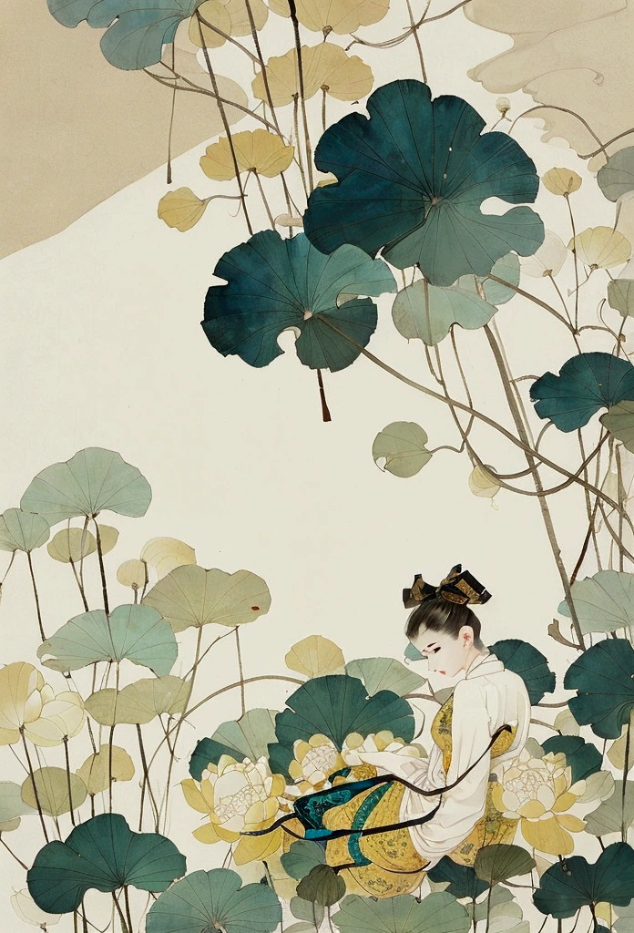 Ink and brushwork style,Lotus,Lotus Leaf,Lotus pod,Yellow and blue color scheme,Close shot,close up,Simple lines,Hand Painted,HD details,White background,Painting on rice paper,HD 8k