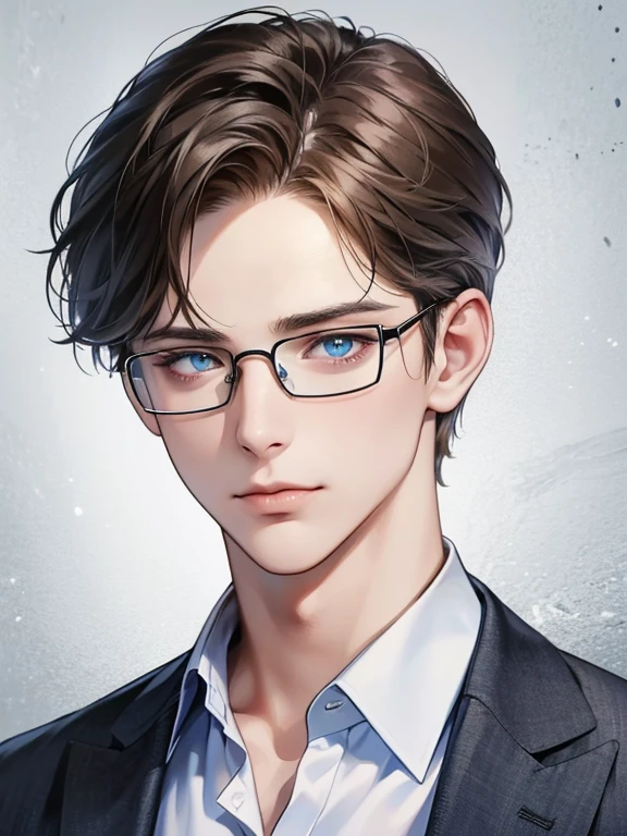 masterpiece, best quality, 1male, brunette hair, blue eyes, 32 years, glasses, white shirt, mugshot, wall background, detailed eyes, detailed facial features, realistic and high resolution (best quality, 4k, 8k, highres, masterpiece:1.2)
