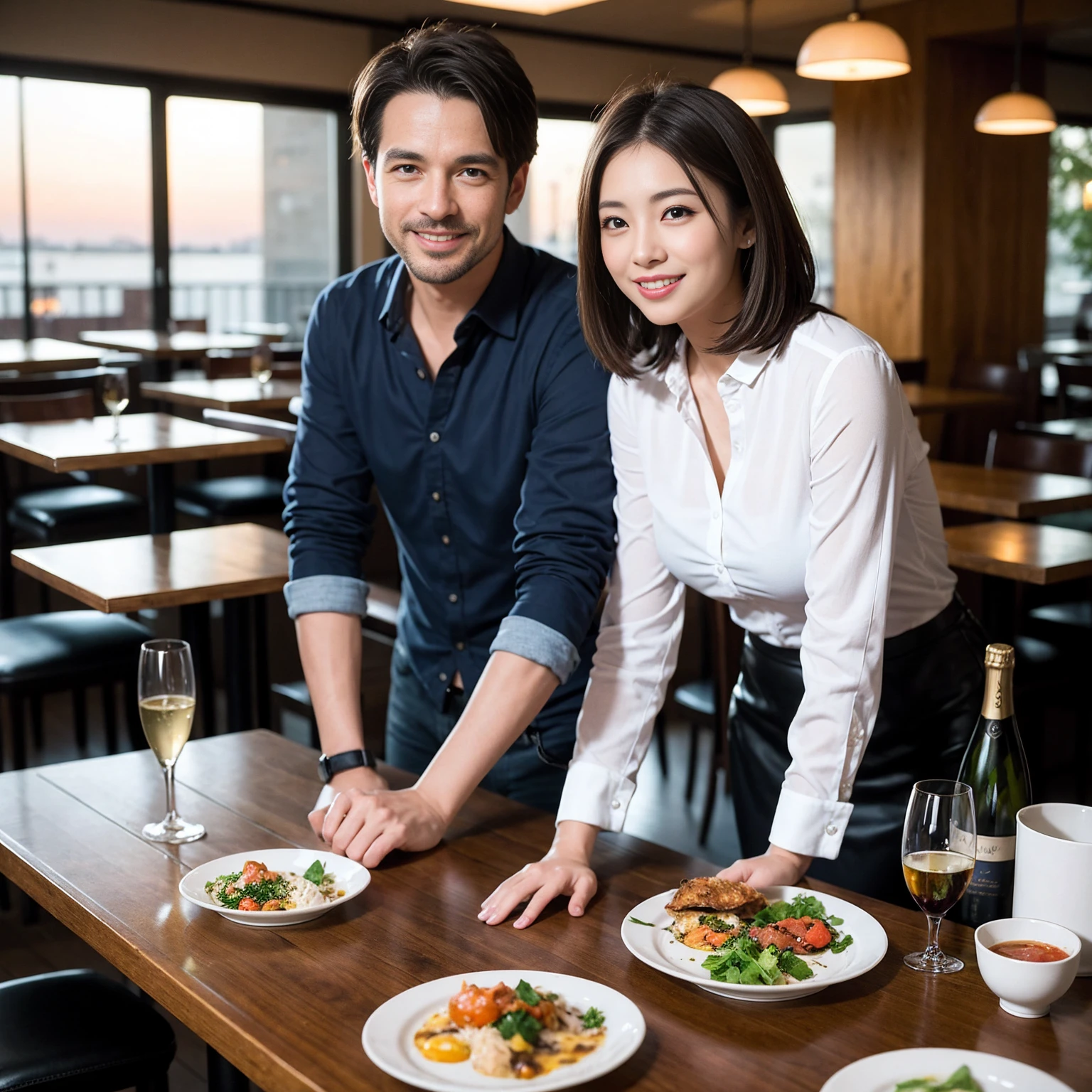 ((Highest quality、、masterpiece:1.3))、1 male、1 female、Slim lover、Beautiful couple、Japanese couple、smile、 (Slim face), (the body is スリム), (Brown Hair), (Shortcuts), ((Bob Hale、Straight hair:1.2)), Full course dinner on the table、wine glass、Please shine a light on my face、 Amazing view of the sunset sky and clouds、smileの美しさ、Bright image、Blushing, Shortcuts,Bright Face、 43 years old,39 years old, red wine 、Appetizers、Italian food、Wine bottle、Champagne、sparkling wine、Long sleeve shirt、dress、Attractive beauty、restaurant, Nova Frog Style, actress, model, Upper Body, White wine, red wine, wine glass,