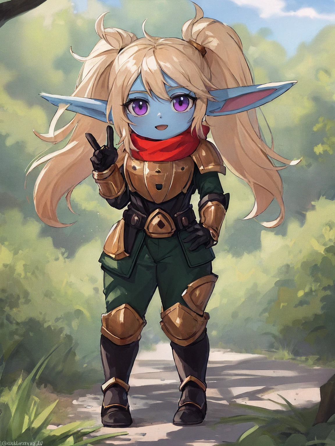 (poppy:1.1), curvy, (colored skin:1.2), armor, [green pants:0.3], scarf, full body, peace sign, [::d:0.5], meadows, best quality