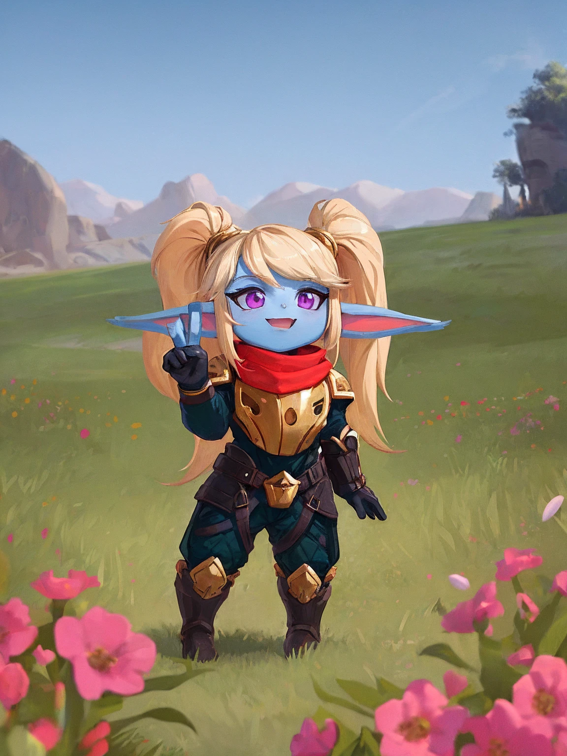 (poppy:1.1), curvy, (colored skin:1.2), armor, [green pants:0.3], scarf, full body, peace sign, [::d:0.5], meadows, best quality