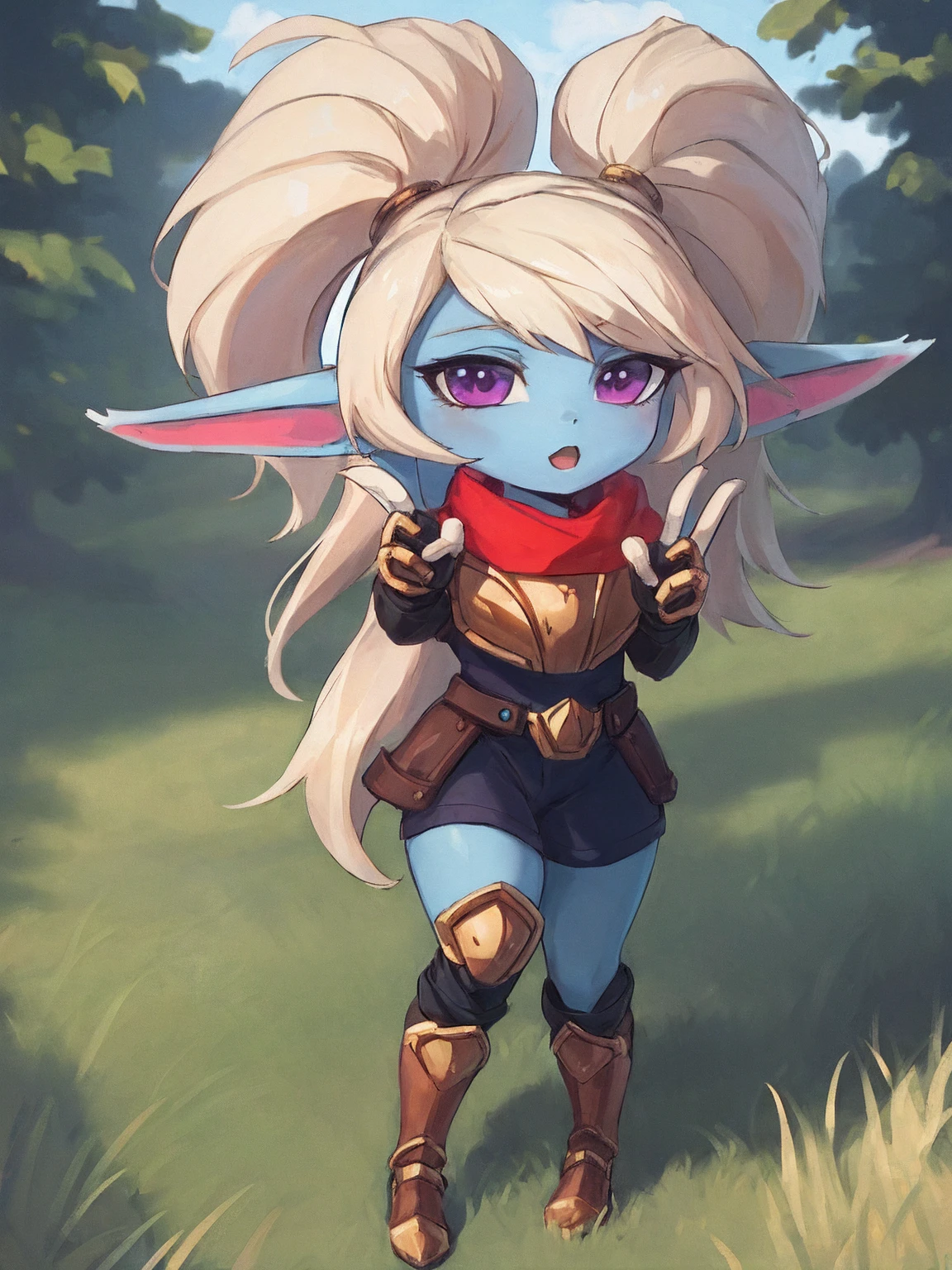(poppy:1.1), curvy, (colored skin:1.2), armor, [green pants:0.3], scarf, full body, peace sign, [::d:0.5], meadows, best quality