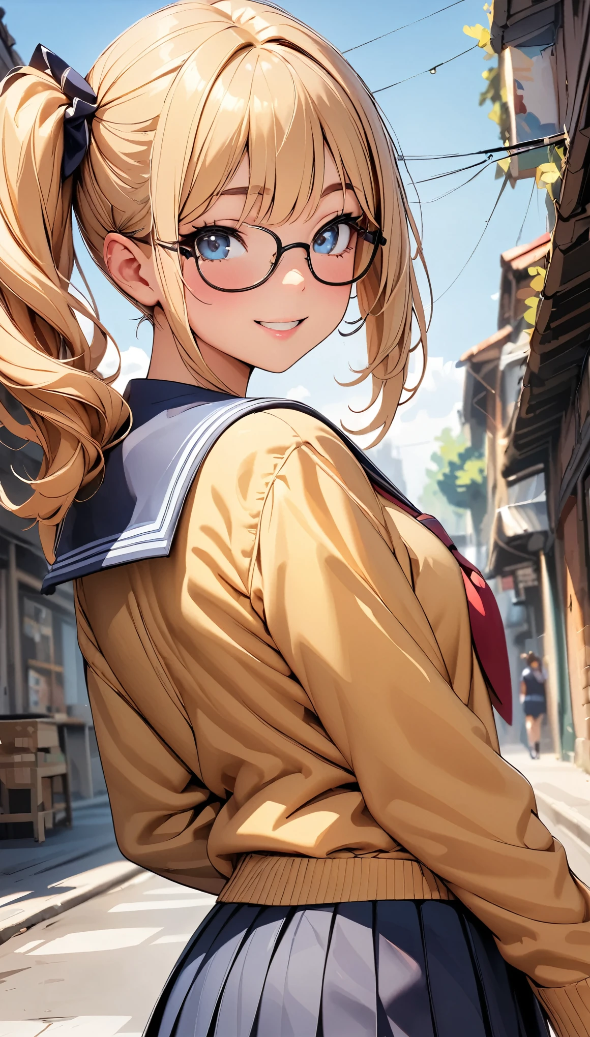 (Highest quality:1.24K, 8K, Very detailed, up to date, Vibrant, High detail, masterpiece:1.2, Highest quality, Best aesthetics), (((1 Girl))), JK, Sailor suit, Pleated skirt, Please open your mouth a little:1.2, smile, (Light brown hair, Voluminous side ponytail), Dynamic Angle, Friendly atmosphere, Beautiful Hair, Shiny Hair, Beautiful Skin, Detailed face and eyes, Glossy Lips, Curvy Women, Frameless glasses:1.2, Face over shoulder, turn around, Face Close Up, Light and shadow with attention to detail, Background Blur.